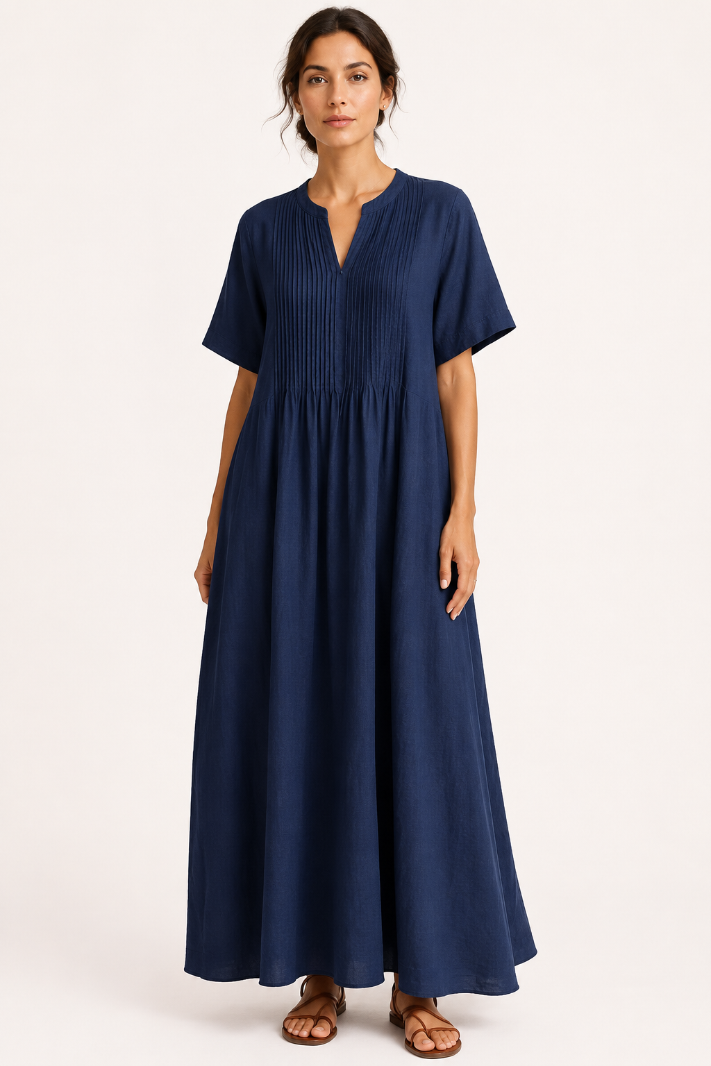 Langes Damenkleid mit V-Ausschnitt, kurzen Ärmeln, Falten und Taschen – Eilika