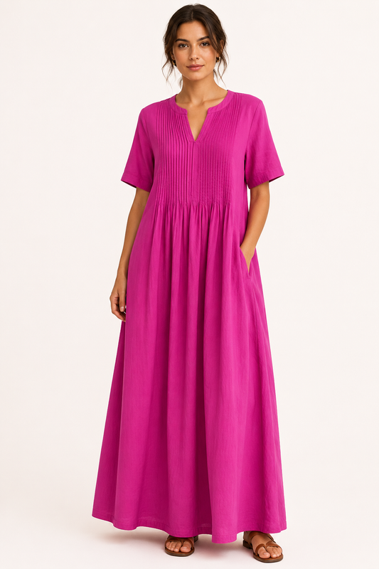 Robe longue pour femme, décolleté en V, manches courtes, plissée et avec poches - Eilika