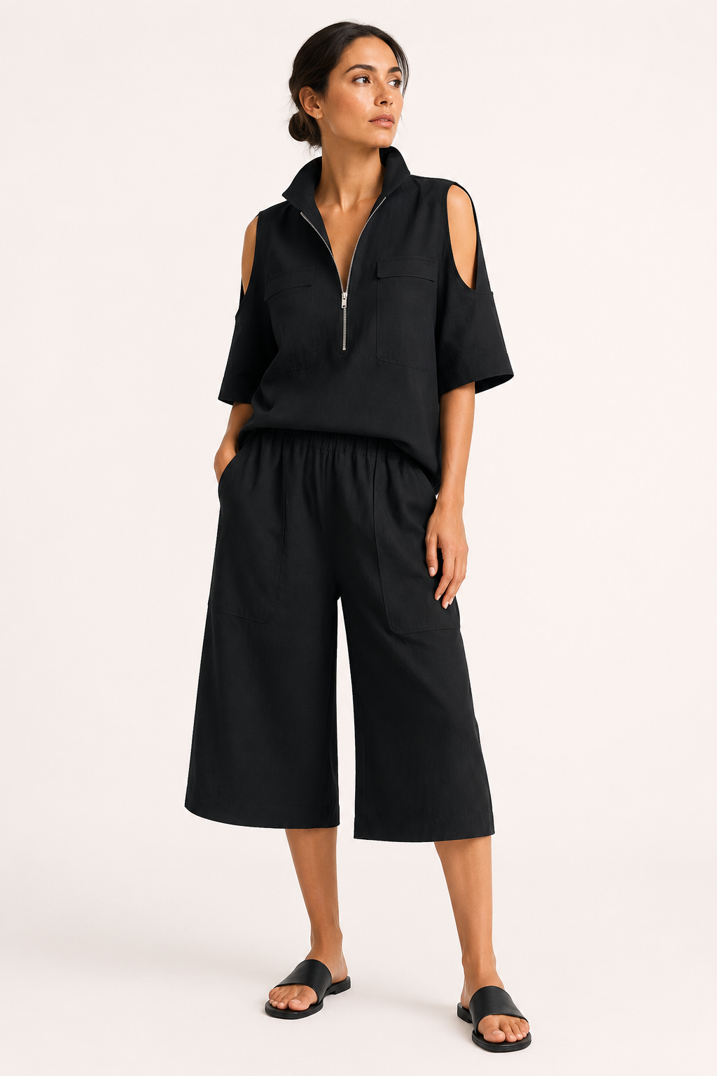Damen-Set aus einer Bluse mit offenen Schultern und einer weiten Hose – Irmela
