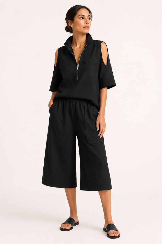 Ensemble pour femme composé d'un chemisier à épaules dénudées et d'un pantalon large - Irmela