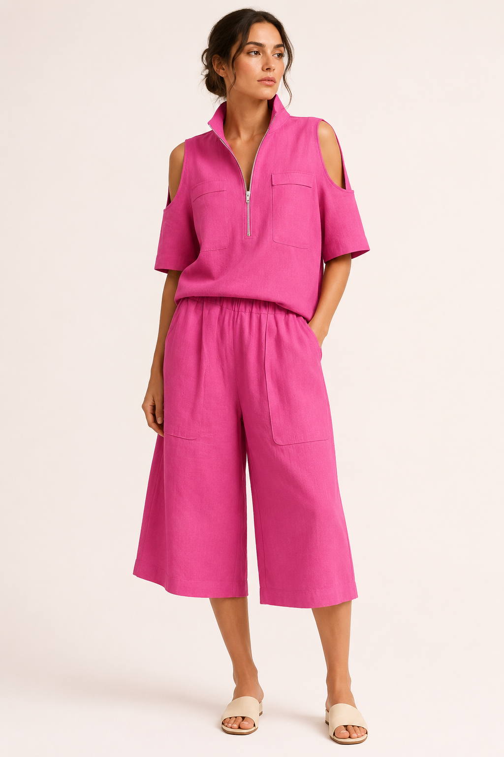 Damen-Set aus einer Bluse mit offenen Schultern und einer weiten Hose – Irmela