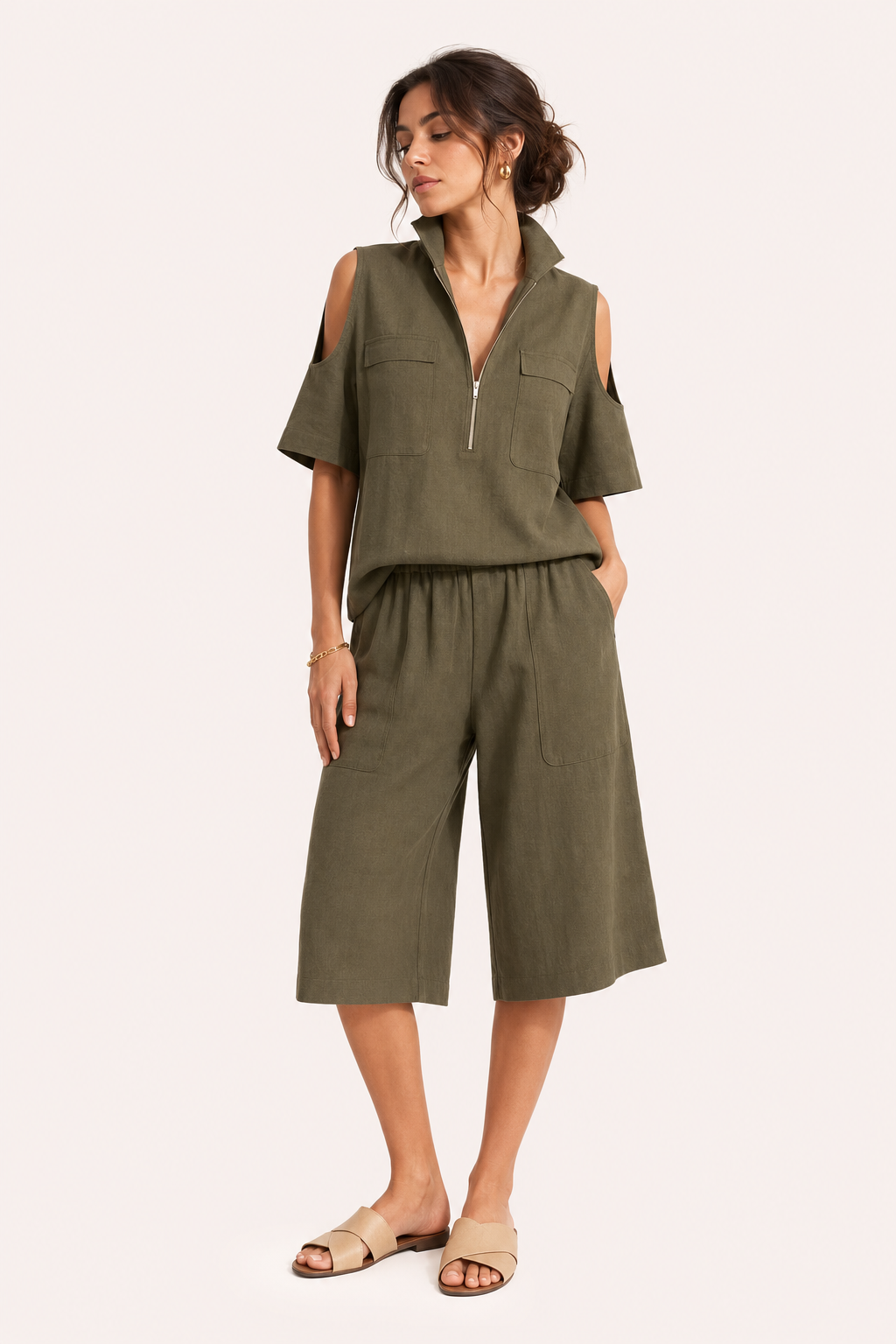 Damen-Set aus einer Bluse mit offenen Schultern und einer weiten Hose – Irmela