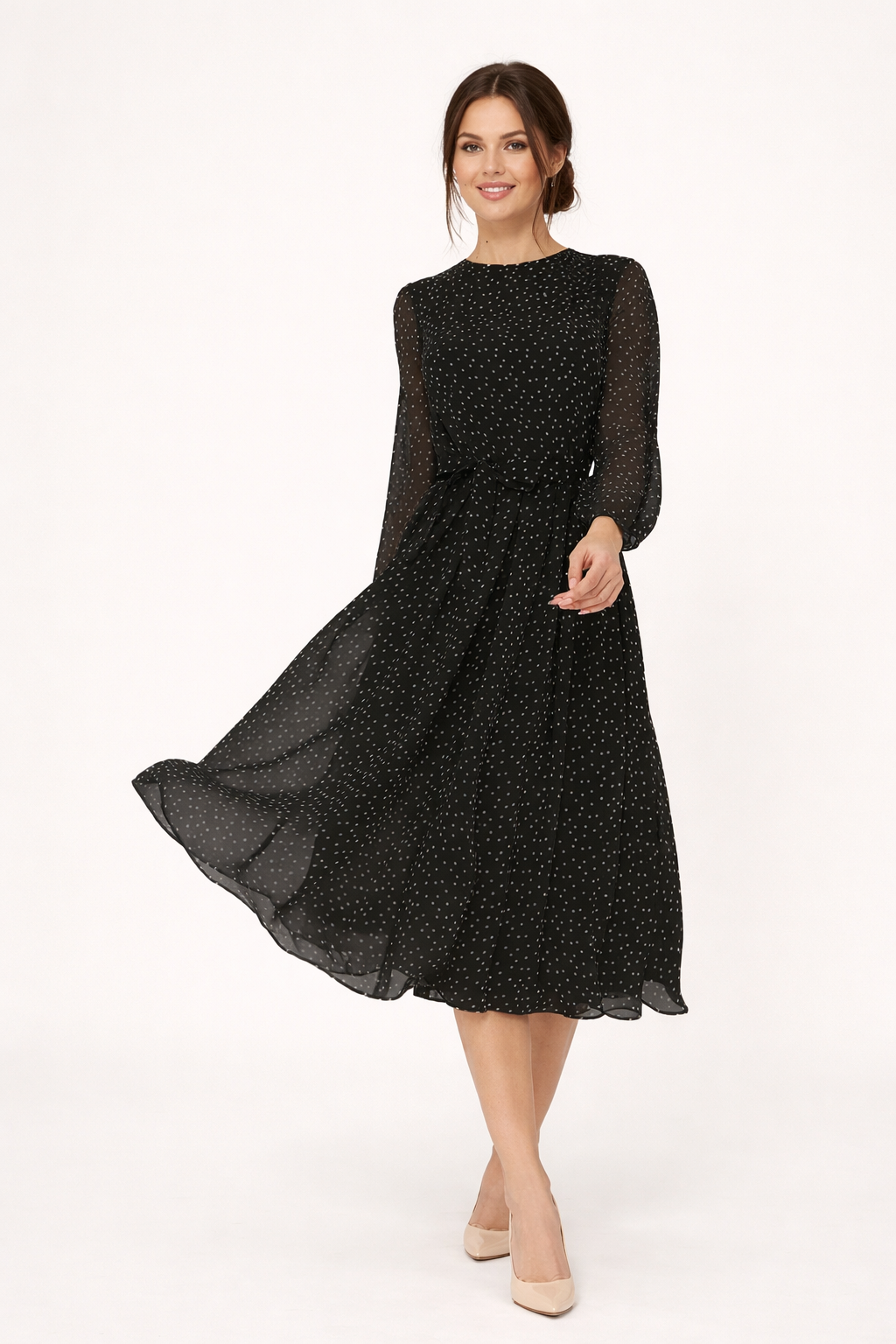 Midikleid Frau Tupfen Langarm lässig elegant - Dorelia