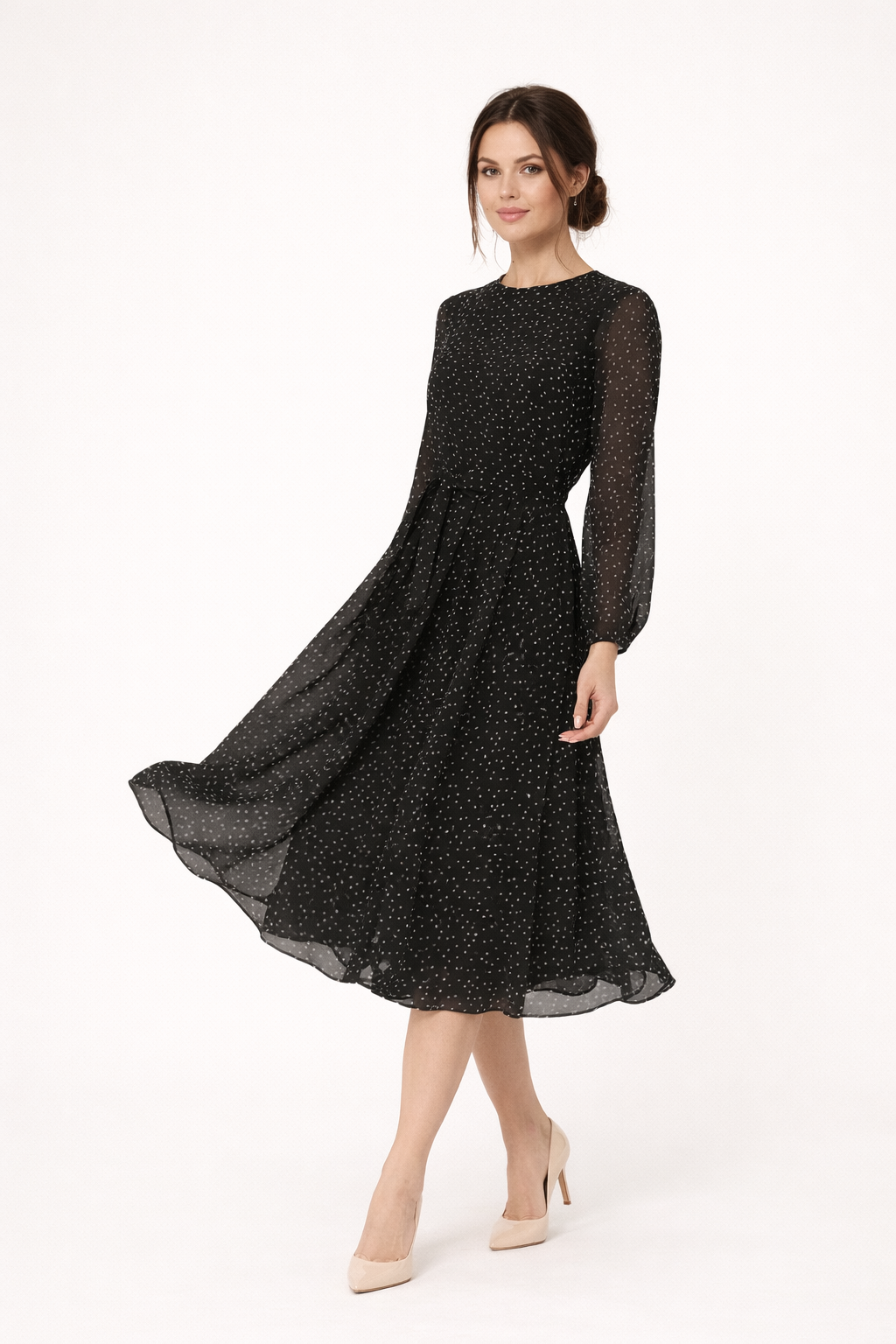 Midikleid Frau Tupfen Langarm lässig elegant - Dorelia