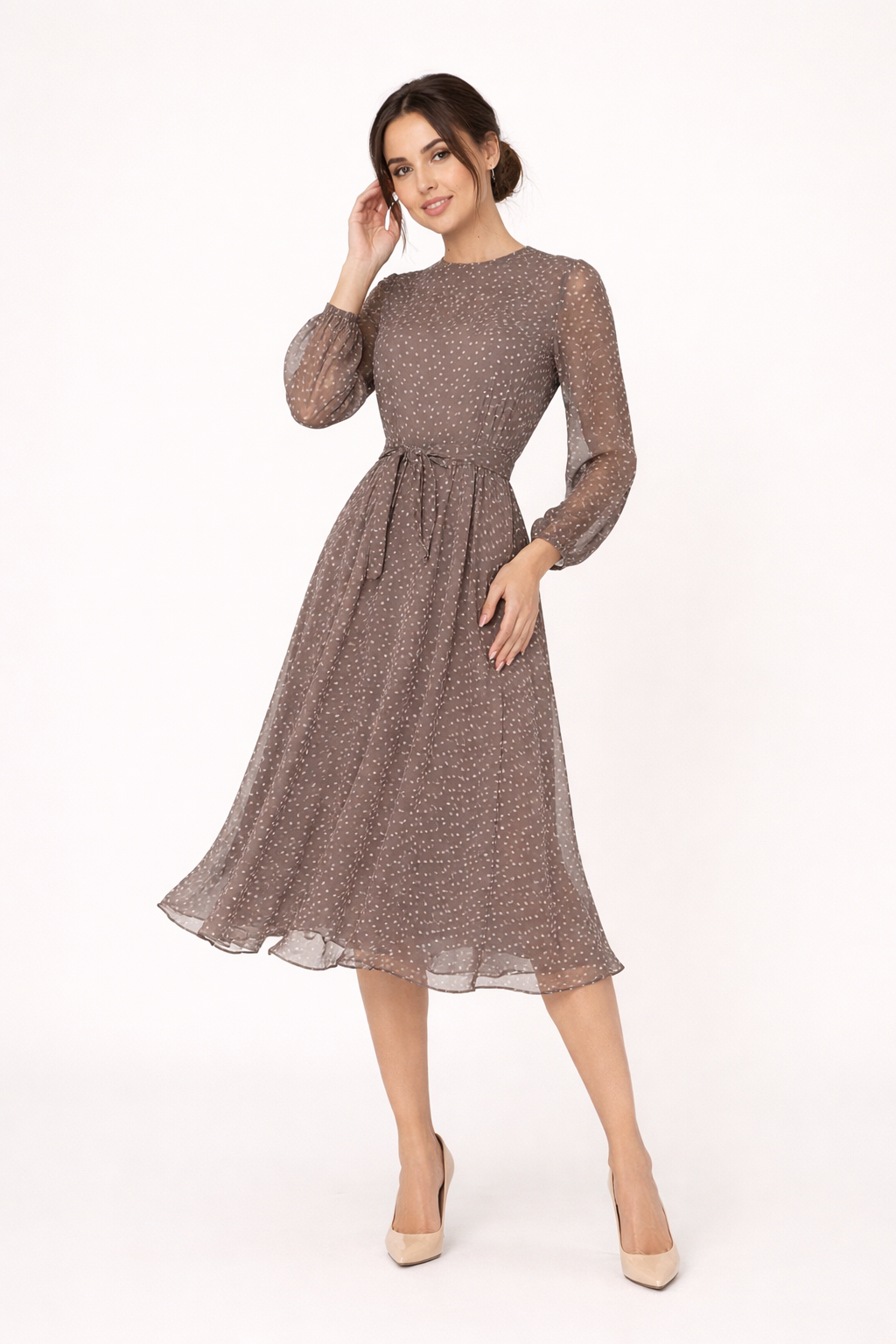 Midikleid Frau Tupfen Langarm lässig elegant - Dorelia