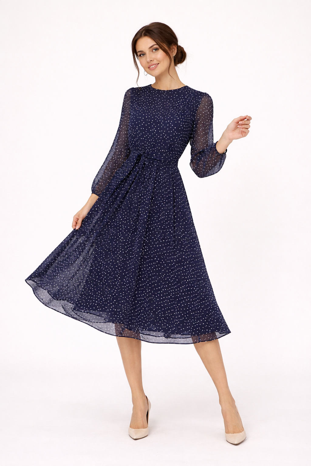 Midikleid Frau Tupfen Langarm lässig elegant - Dorelia