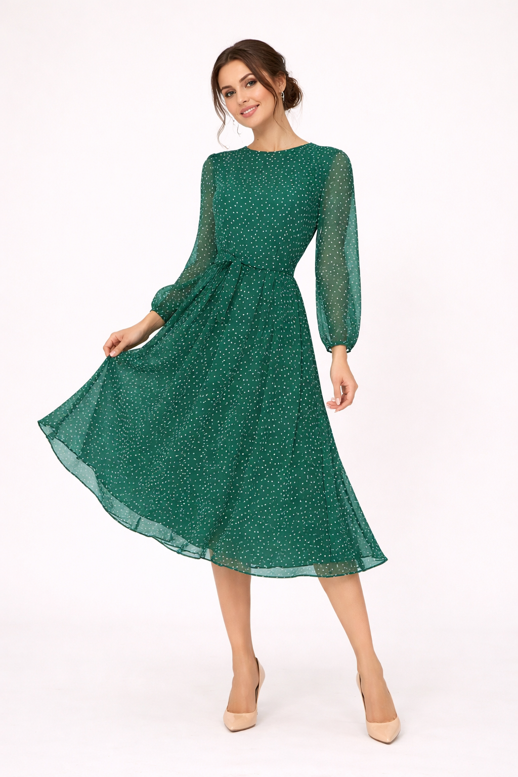 Midikleid Frau Tupfen Langarm lässig elegant - Dorelia