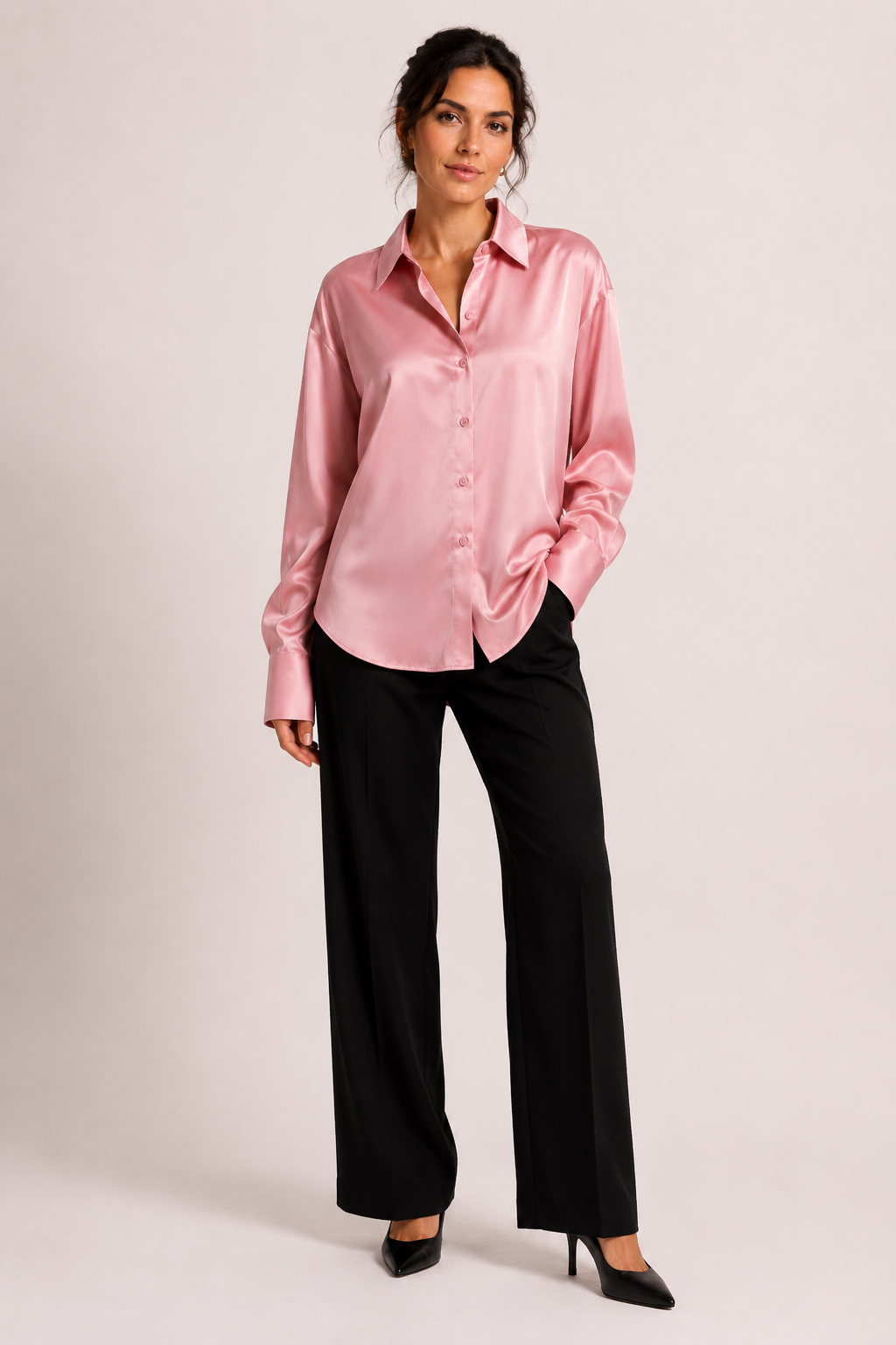 Satin-Bluse für Damen mit langen Ärmeln und Knopfleiste vorne – Hannelore