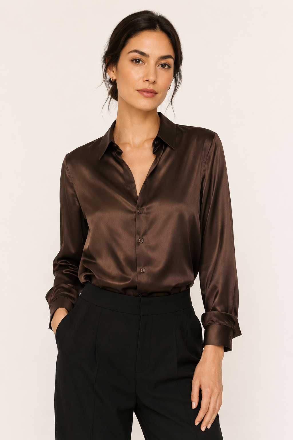 Satin-Bluse für Damen mit langen Ärmeln und Knopfleiste vorne – Hannelore