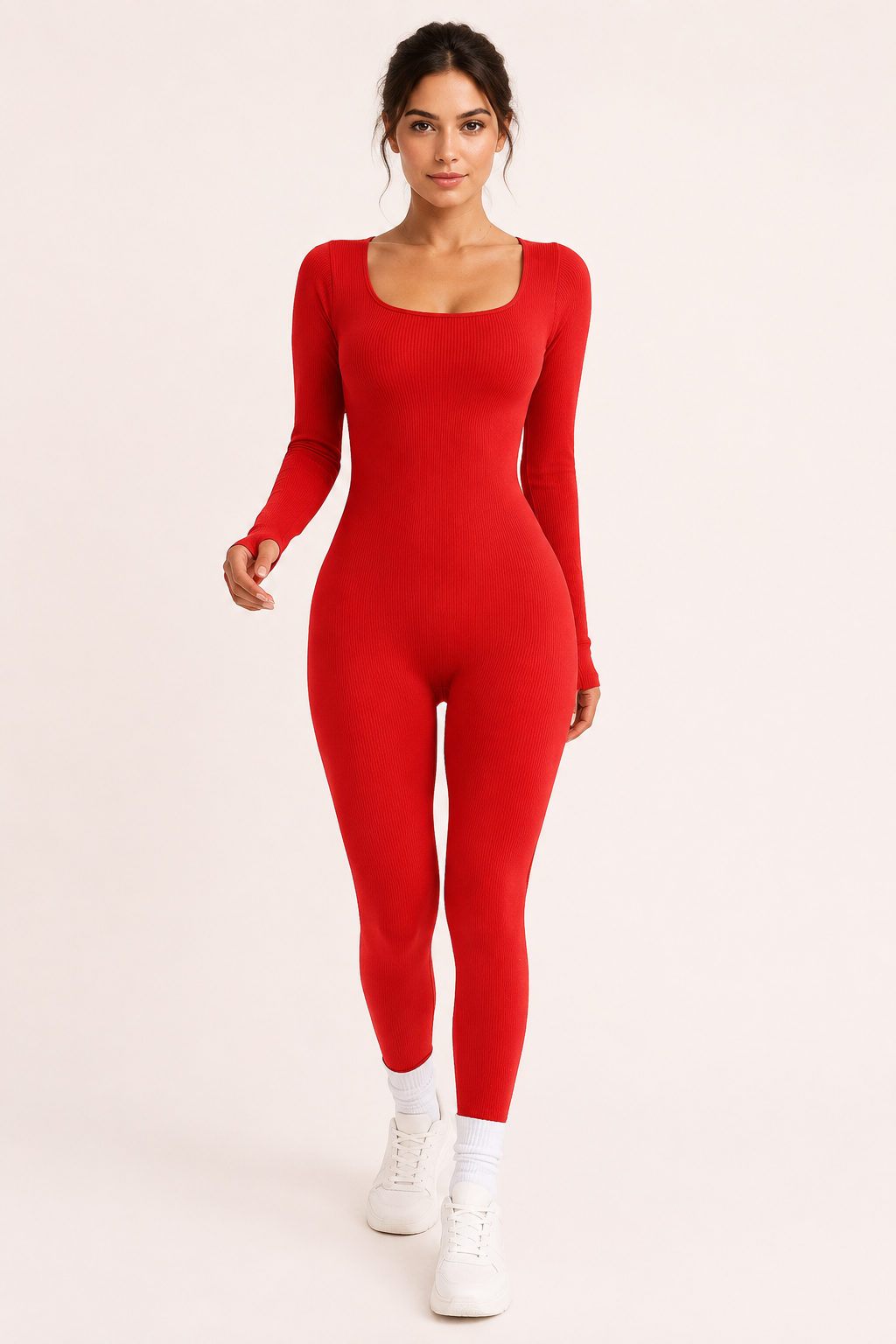 Langer Damen-Jumpsuit mit Rippmuster, quadratischem Ausschnitt und langen Ärmeln, figurbetont – Adelinde