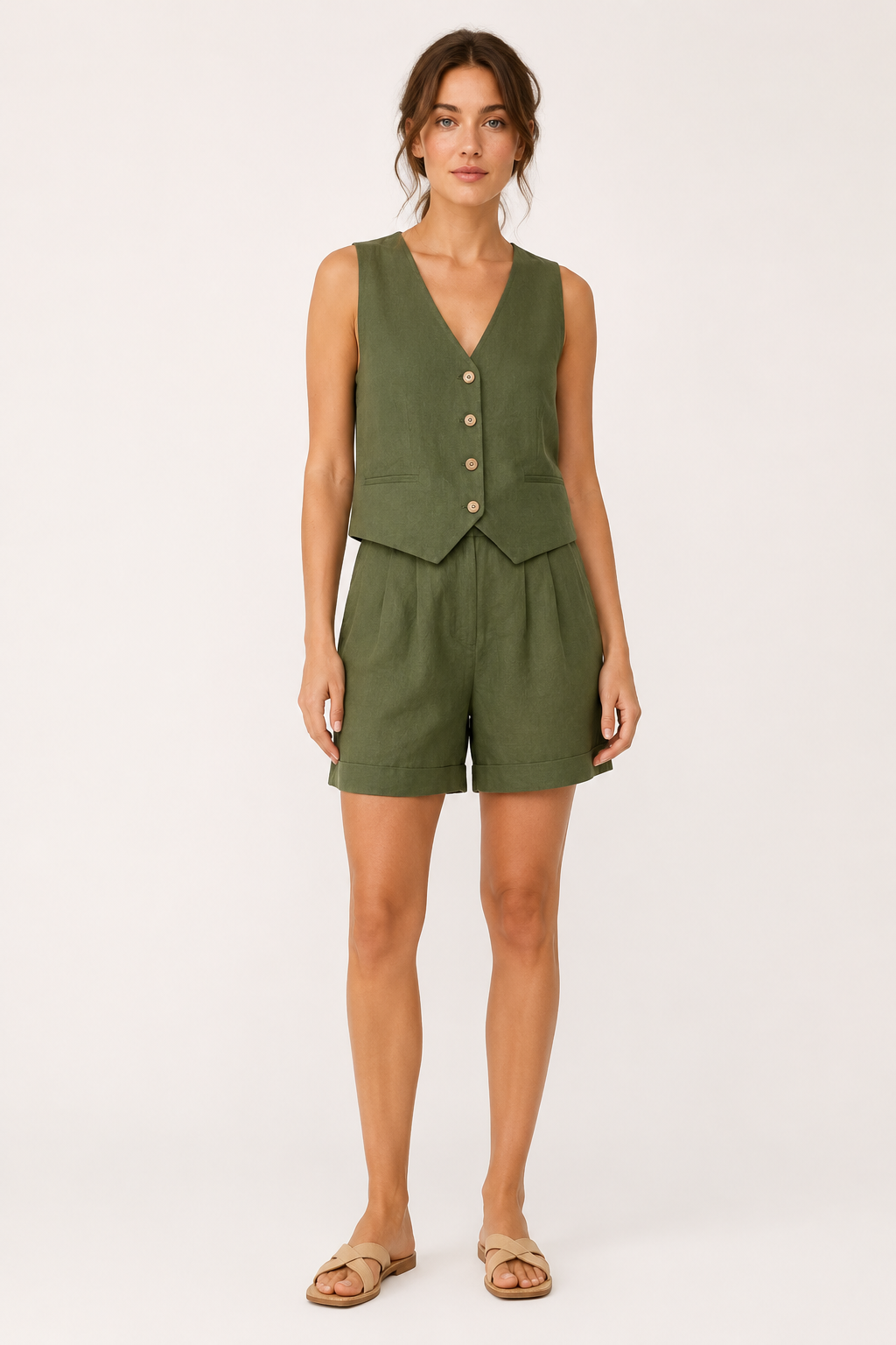 Set aus Weste und Shorts für Damen aus Leinen und Baumwolle – Rita