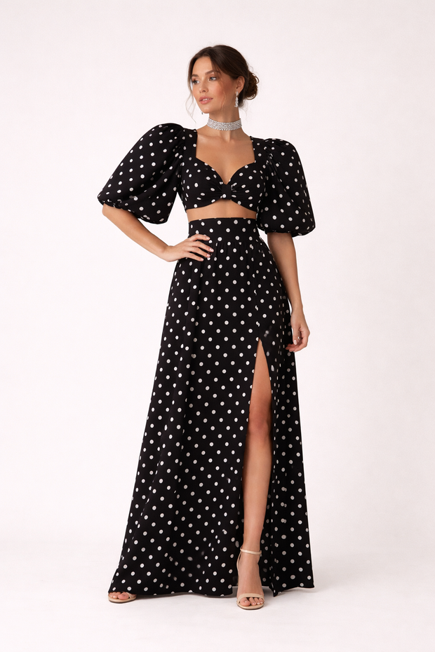 Ensemble top avec jupe maxi à manches bouffantes et imprimé à pois - Calista