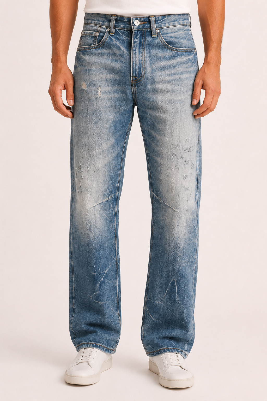 Herrenjeans mit geradem Bein, Waschoptik und Abnutzungsspuren – Wigbert