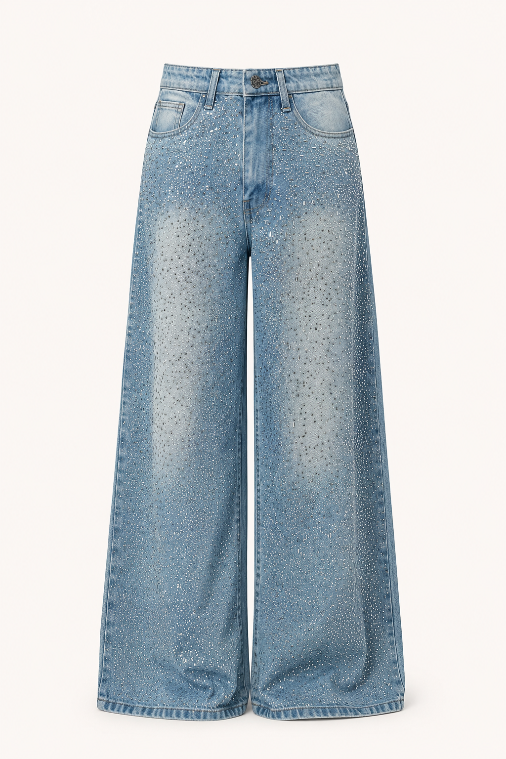 Damenjeans mit weitem Bein und Strassverzierung – Wellen
