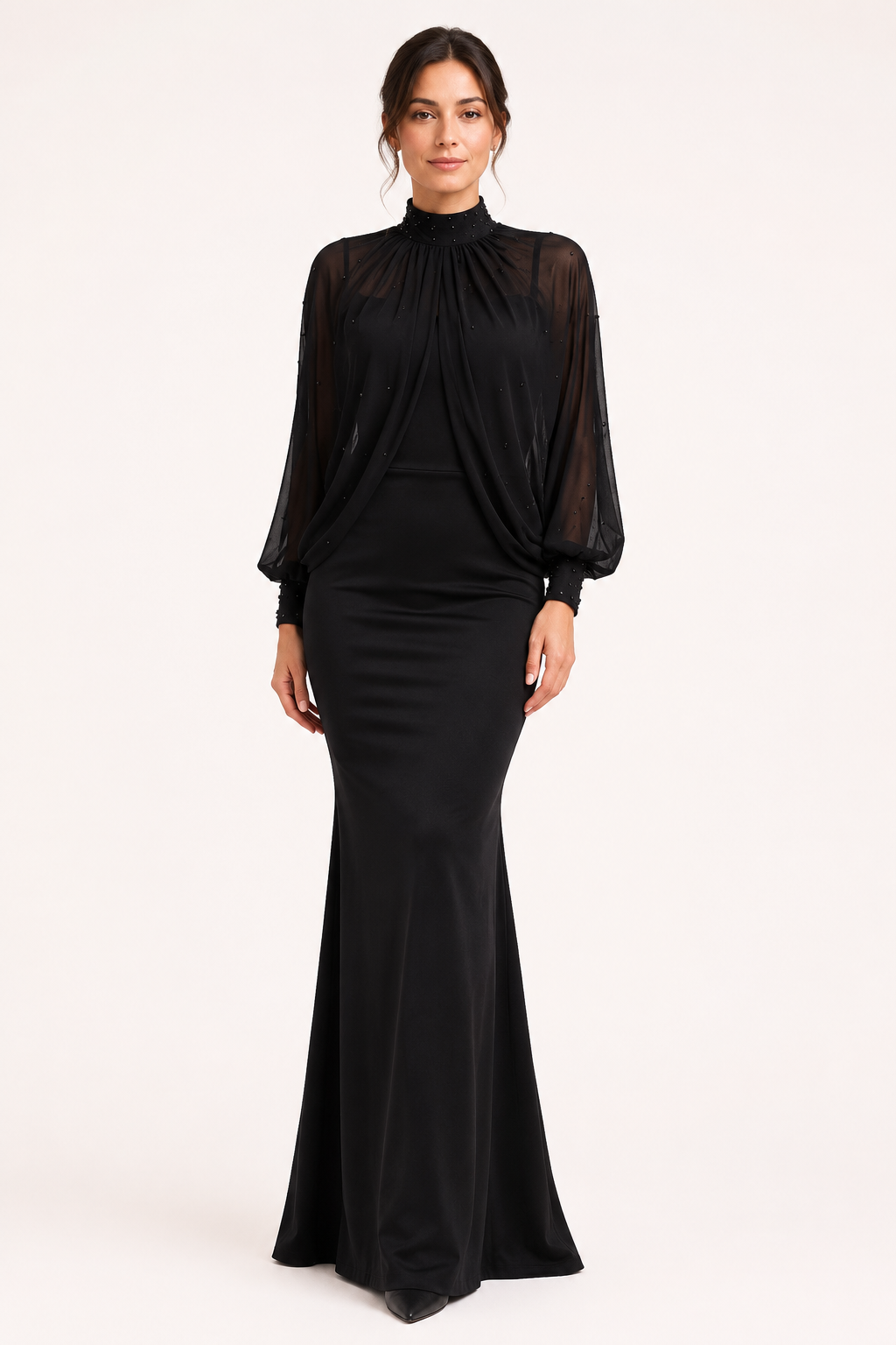 Elegantes zweiteiliges langes Damenkleid mit transparenten Ärmeln – Hellblau