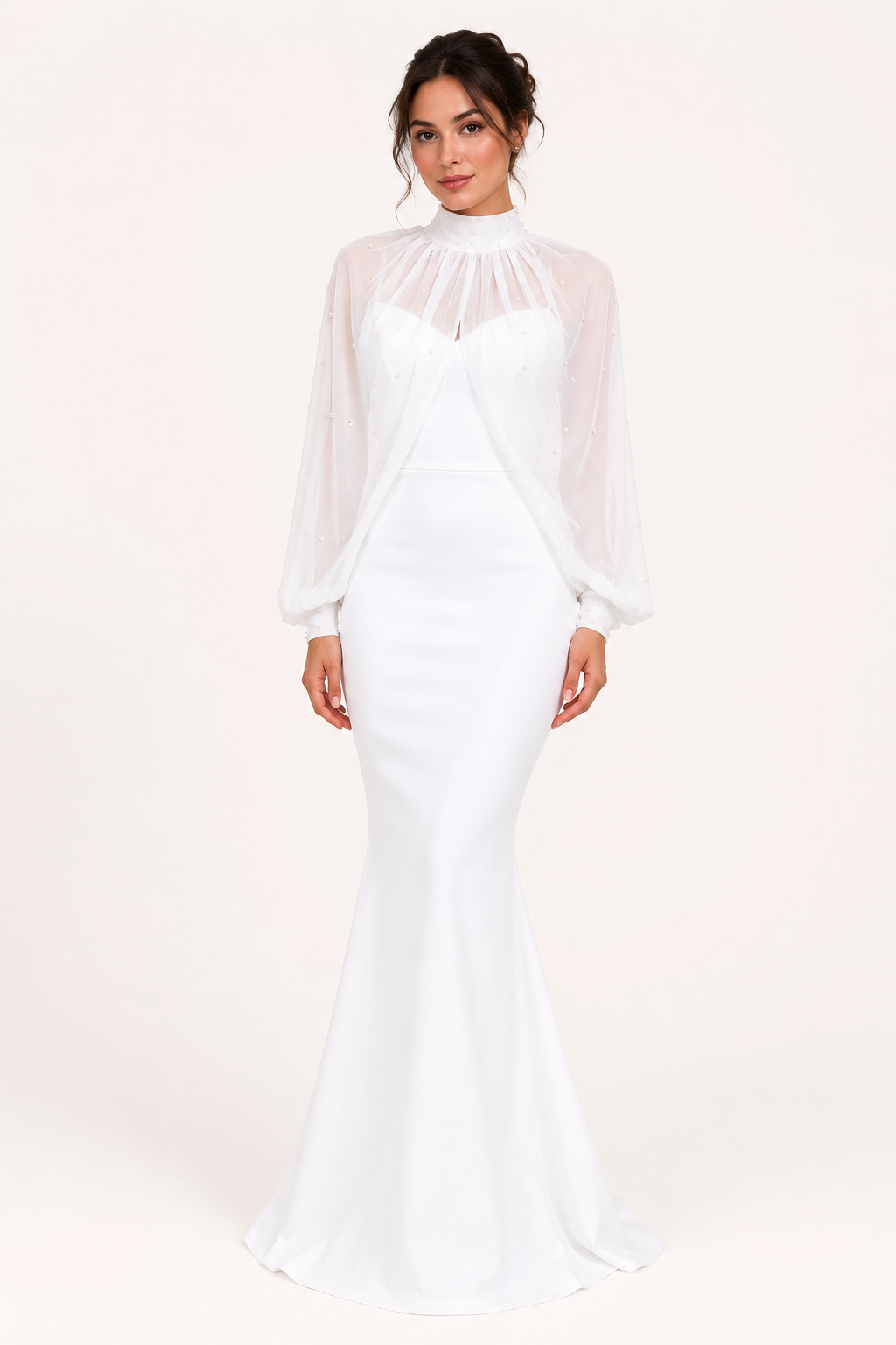 Elegantes zweiteiliges langes Damenkleid mit transparenten Ärmeln – Hellblau