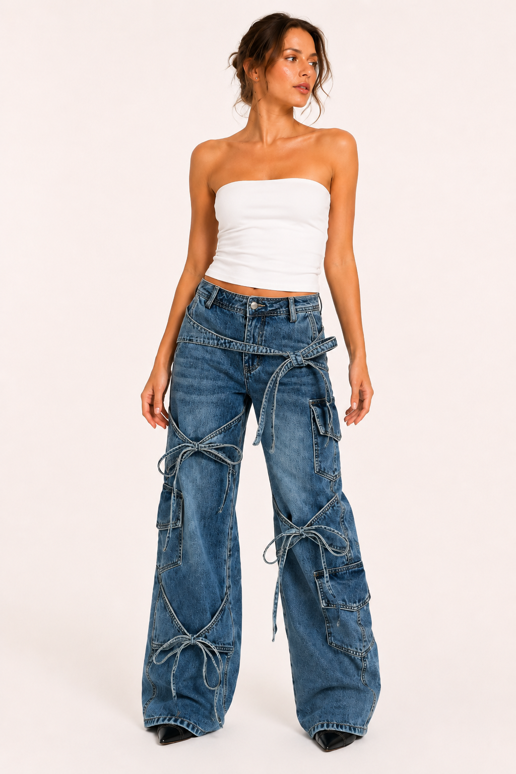 Cargo-Jeans für Damen mit weitem Bein und Bändern – Ida