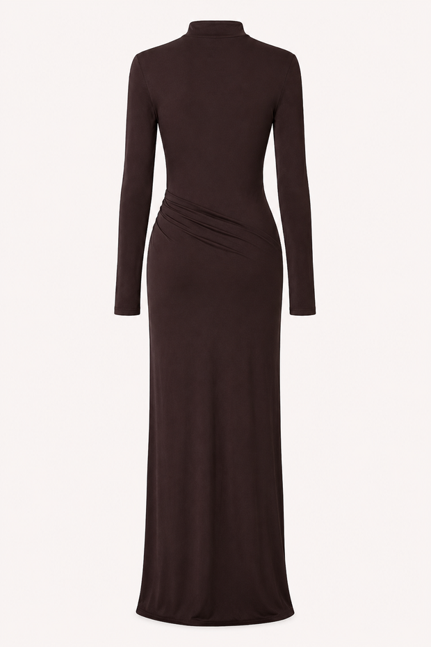 Langes Damenkleid mit hochgeschlossenem, drapiertem Ausschnitt – Monik