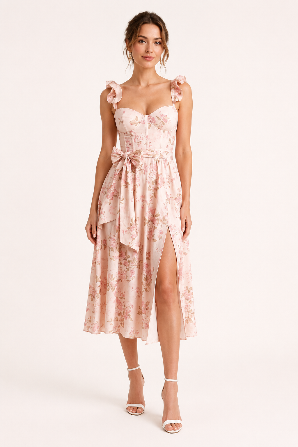 Damen Midikleid mit Blumendruck Korsett Seitenschlitz - Käthe