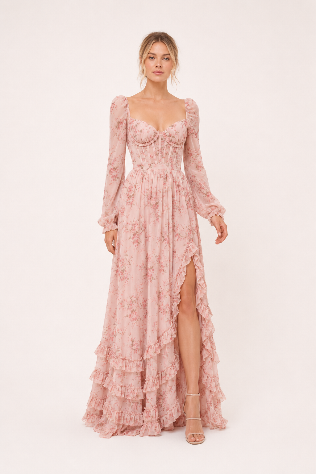 Langes elegantes geblümtes langärmeliges Kleid für Frauen - Romy