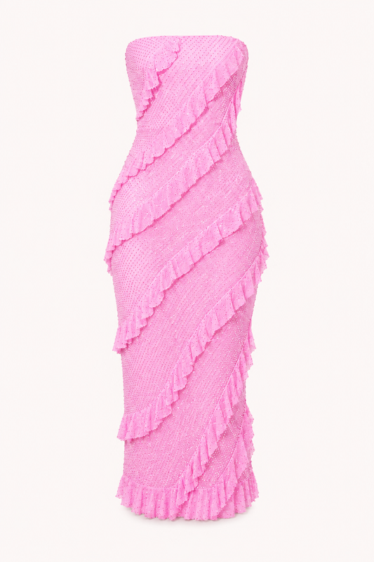 Robe midi sans bretelles à volants pour femme - Yina
