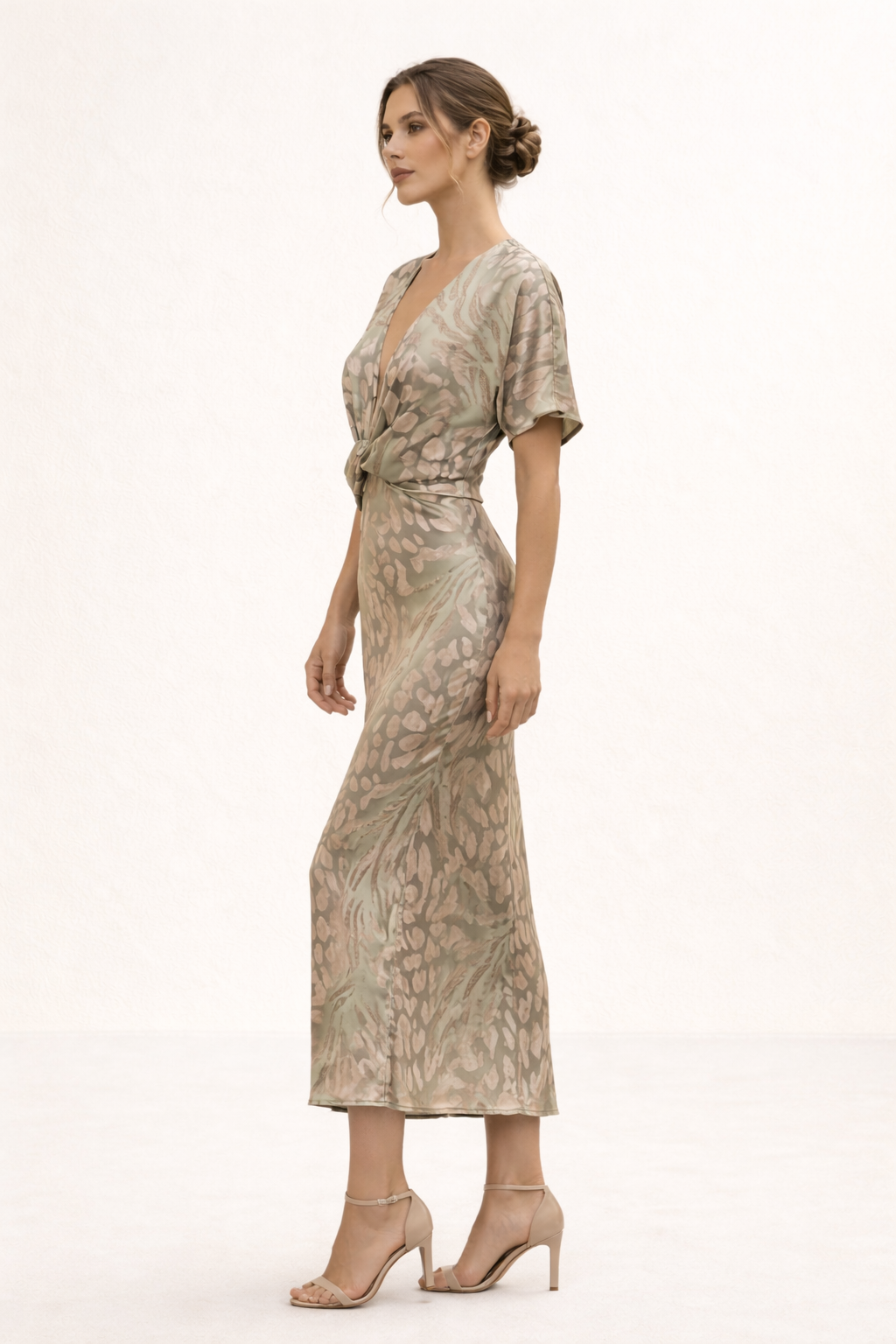 Bedrucktes Midikleid V-Ausschnitt Frontknoten Kurzarm Sommer - Jennifer