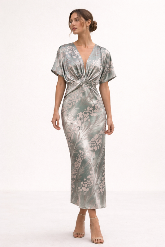 Robe midi imprimée décolleté en V nœud devant manches courtes été - Jennifer