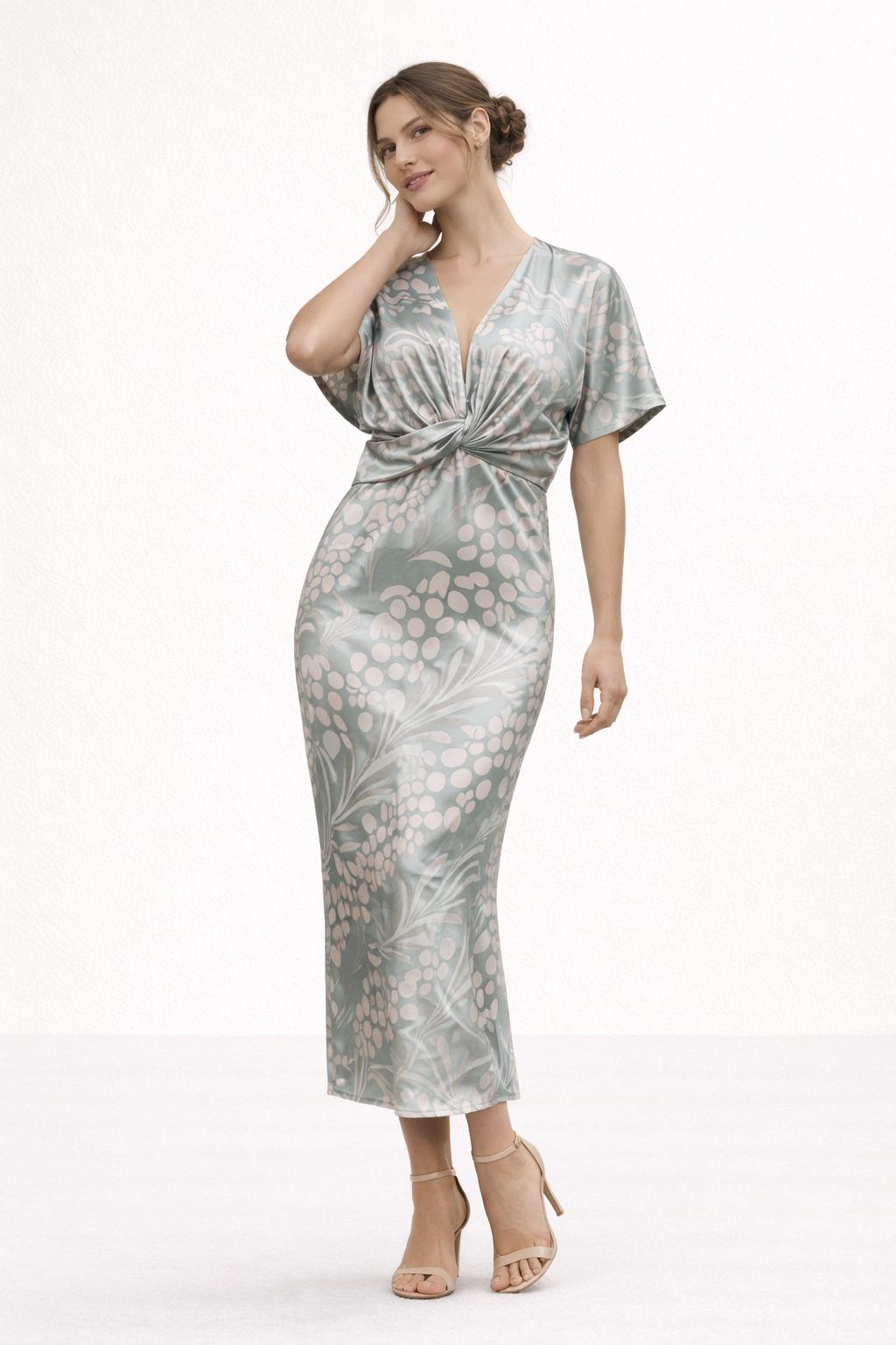 Bedrucktes Midikleid V-Ausschnitt Frontknoten Kurzarm Sommer - Jennifer