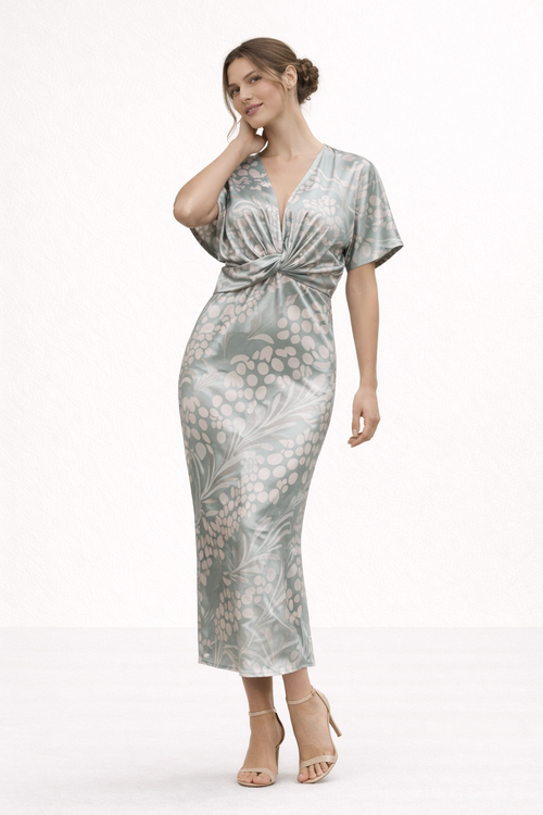 Bedrucktes Midikleid V-Ausschnitt Frontknoten Kurzarm Sommer - Jennifer