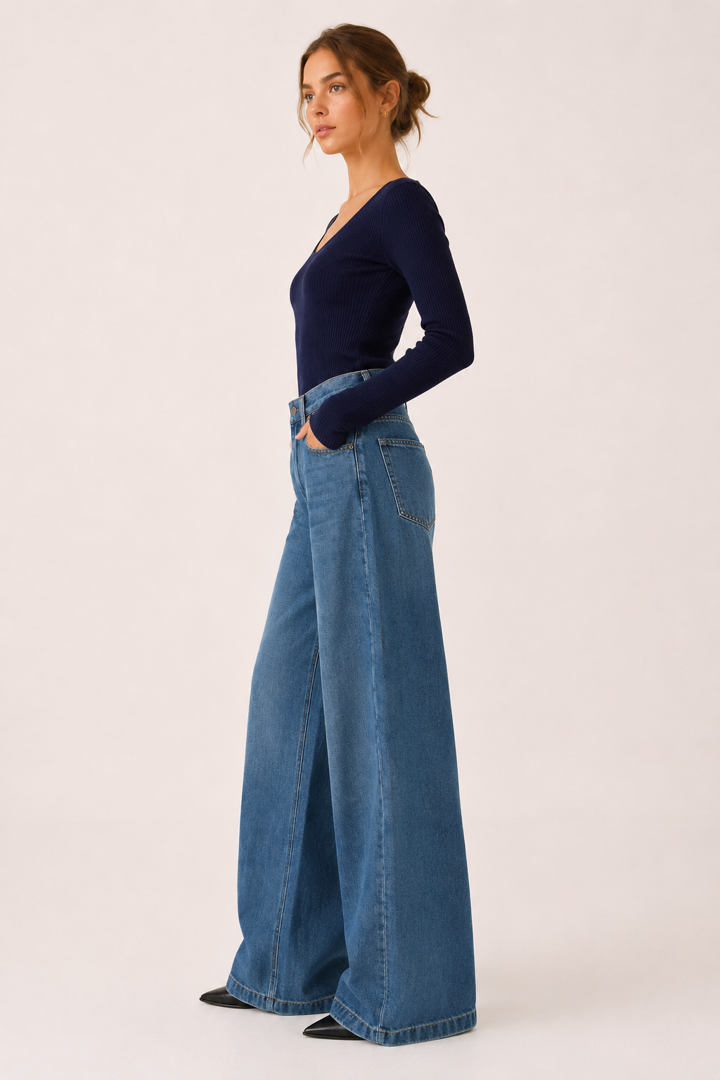 Baggy-Jeans für Damen mit hoher Taille, weitem Bein und geradem Schnitt – Freja