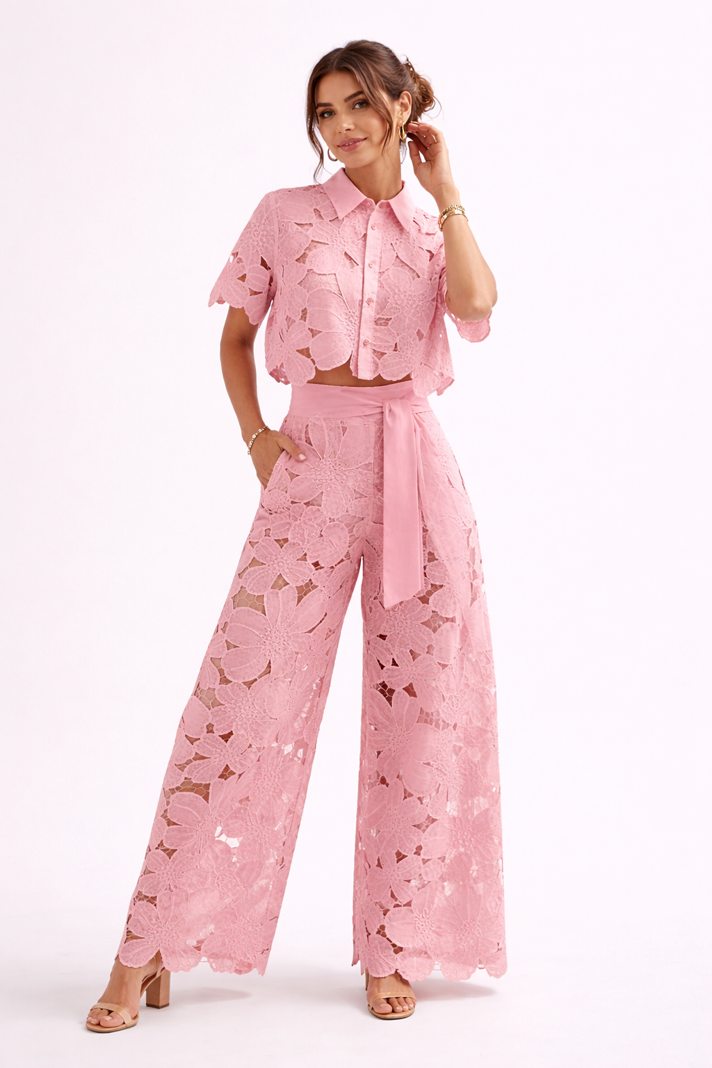 Damen-Set florale Spitze weite Hosen kurze Ärmel Bluse - Anneliese