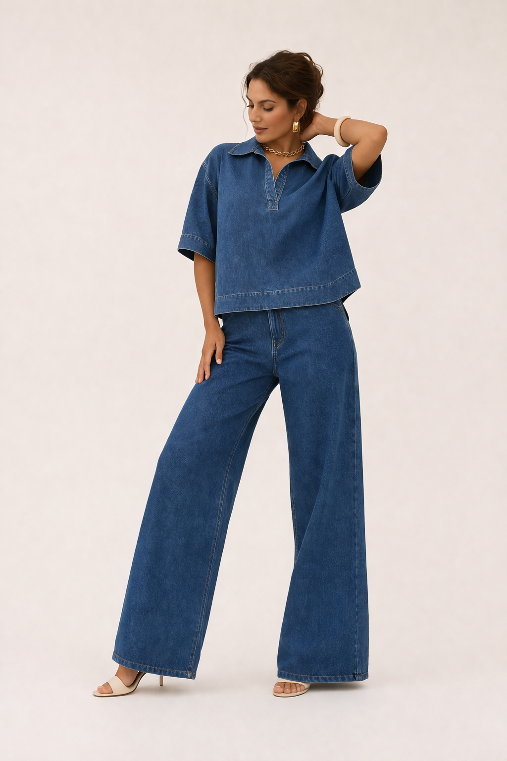 Damen Denim Set weite Hose Denim Bluse kurzarm - Adela
