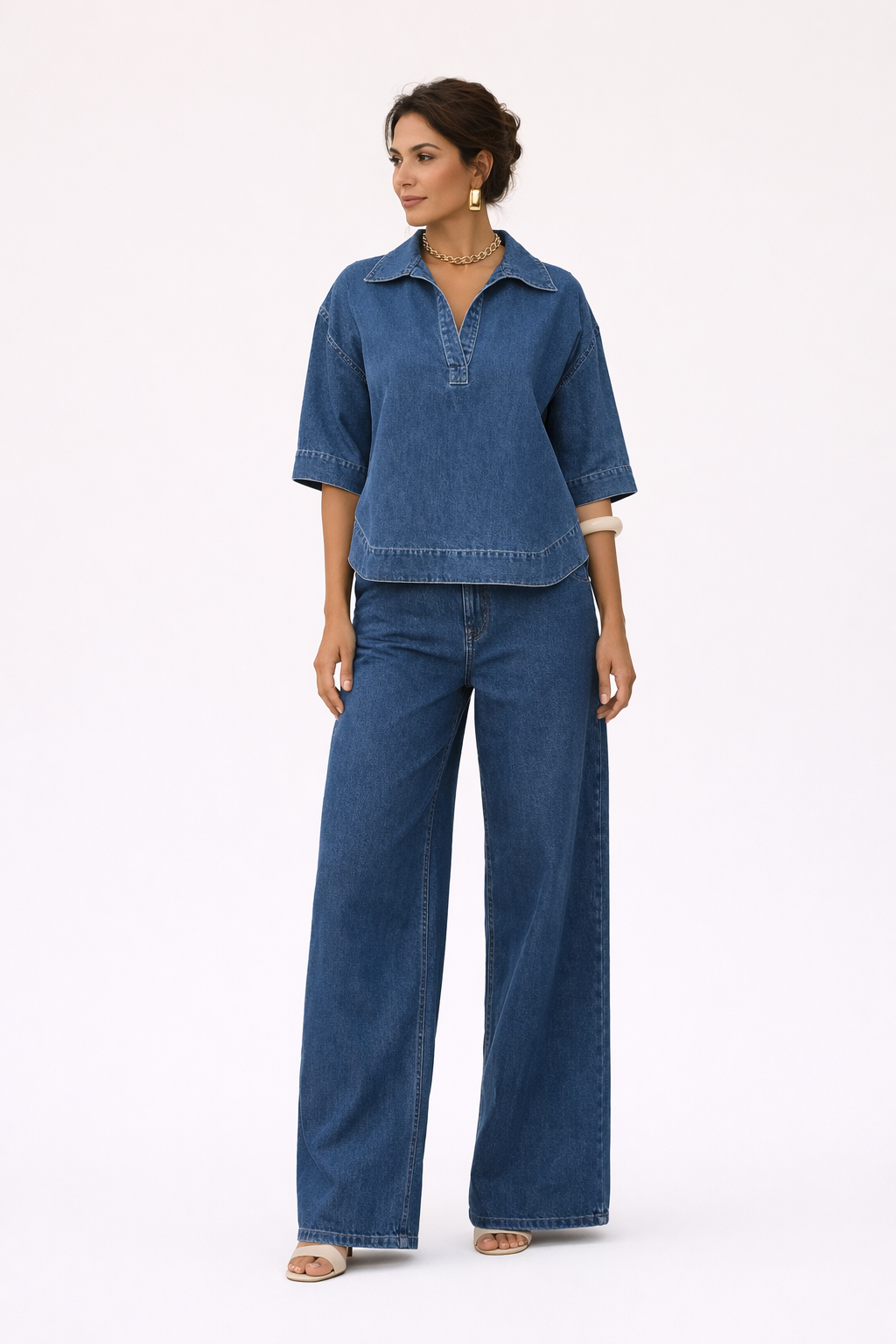 Damen Denim Set weite Hose Denim Bluse kurzarm - Adela