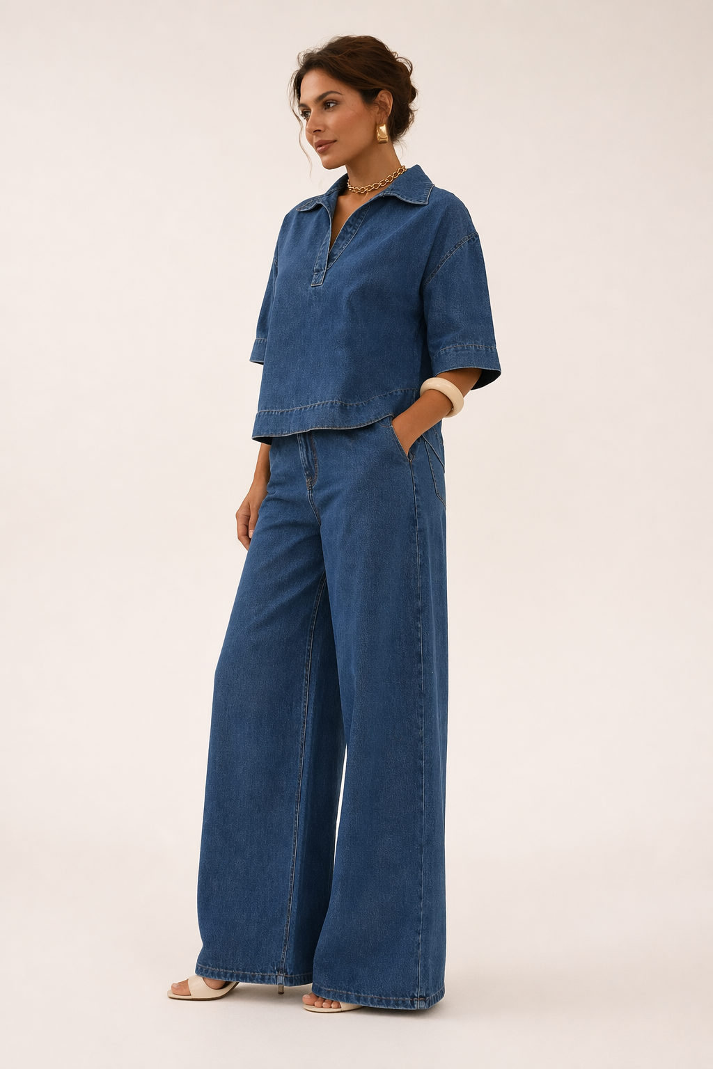 Damen Denim Set weite Hose Denim Bluse kurzarm - Adela