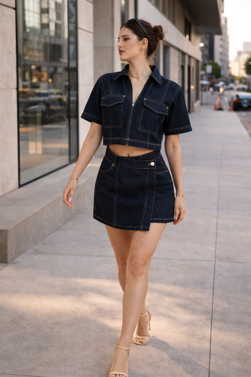 Damen Denim Sommer Set kurzer Rock kurzer Rock kurze Ärmel Denim Top - Arisha
