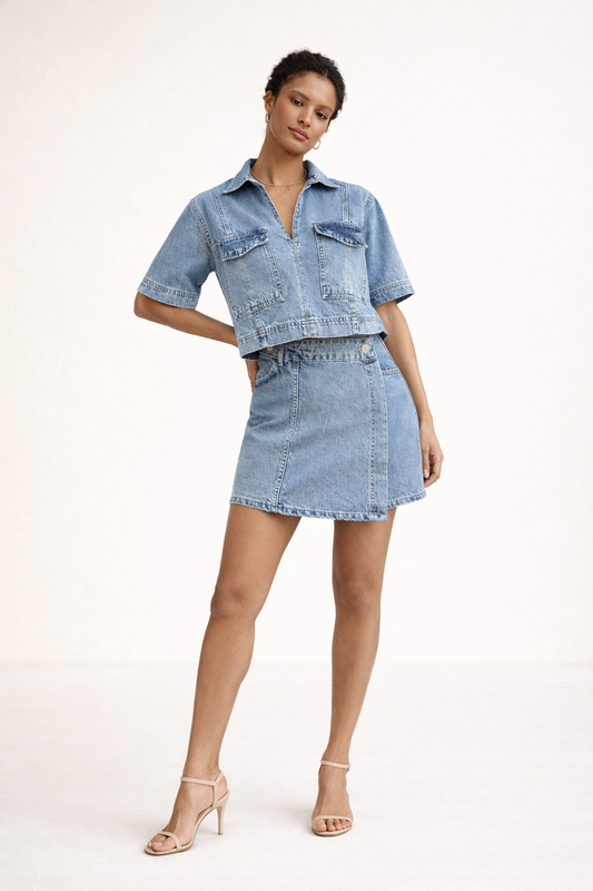 Ensemble d'été en denim pour femmes jupe courte jupe courte top denim à manches courtes - Arisha