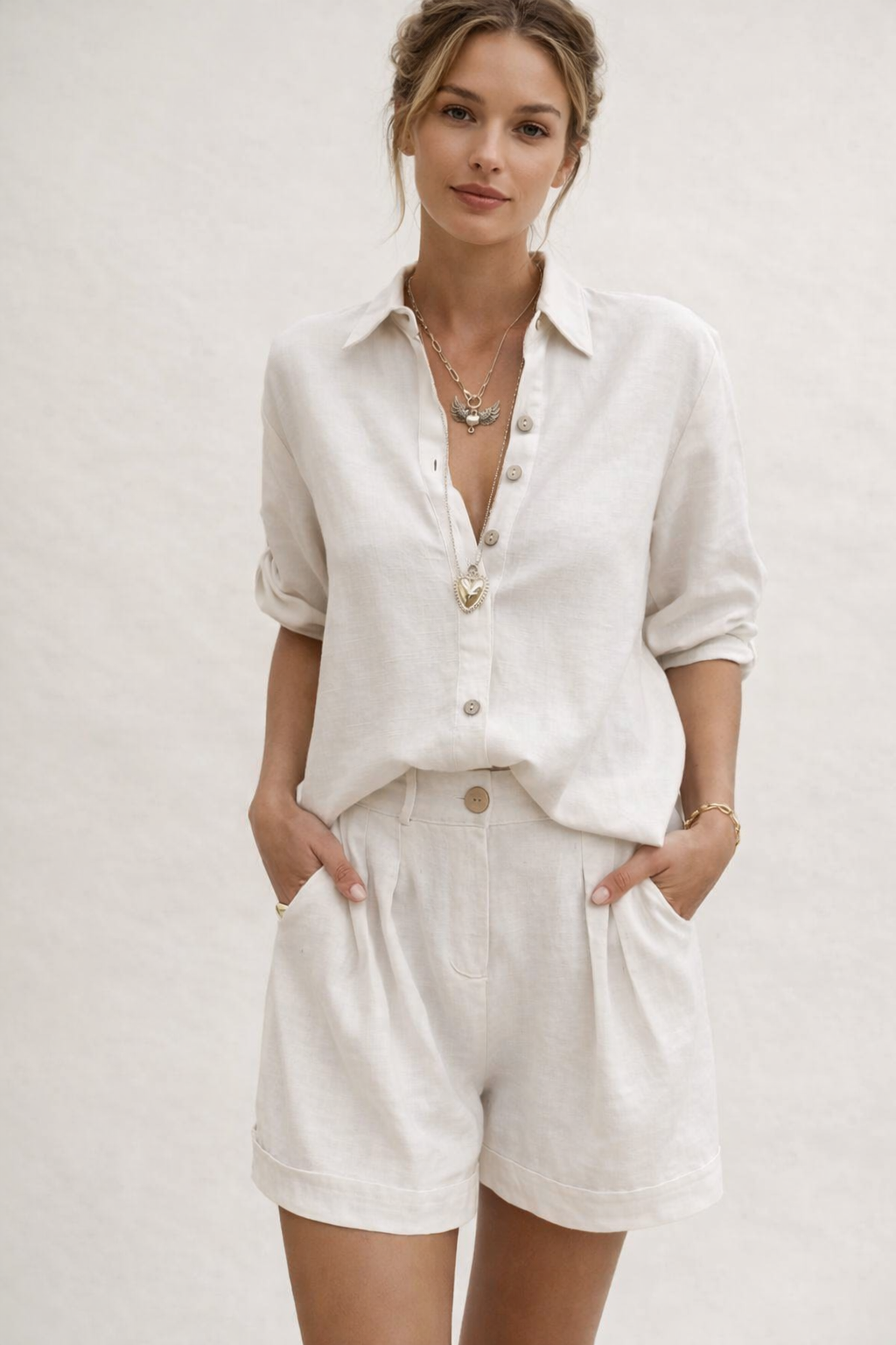 Leinen Frau Set Leinen Shorts Bluse Langarm Sommer - Amaia