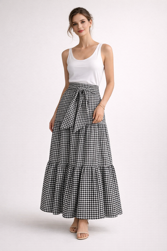 Jupe longue pour femme avec nœud à la taille et imprimé à carreaux - Ailsa