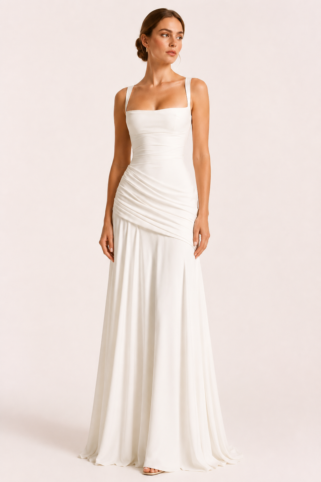 Langes Kleid für Hochzeitsgäste mit quadratischem Ausschnitt und drapiertem Rock – Adelheid