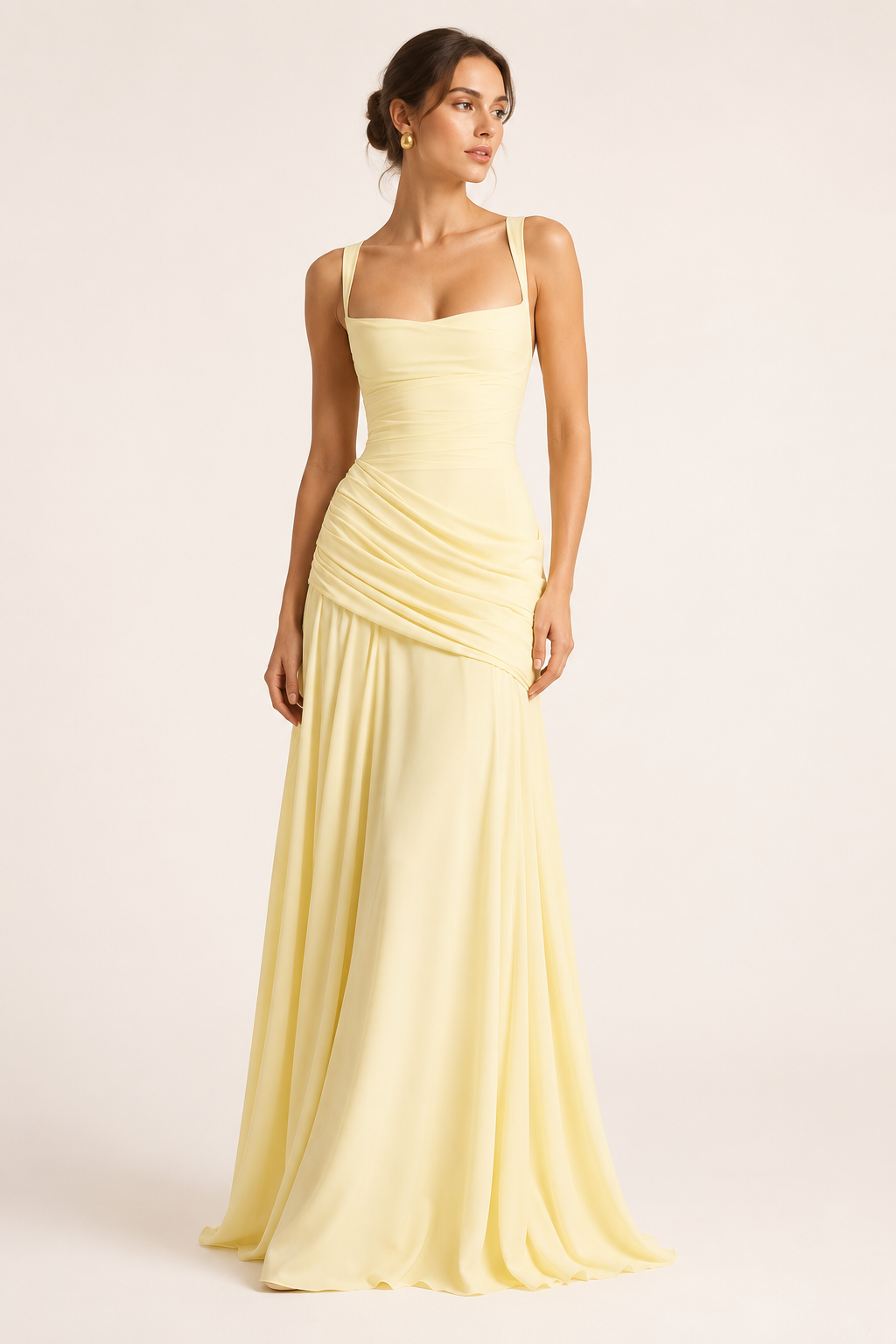 Langes Kleid für Hochzeitsgäste mit quadratischem Ausschnitt und drapiertem Rock – Adelheid