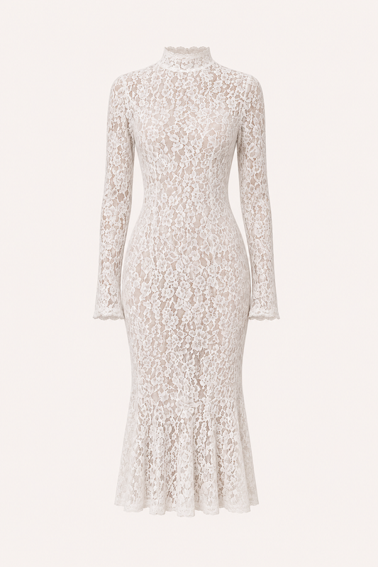 Robe midi élégante en dentelle pour femme, col montant - Samara