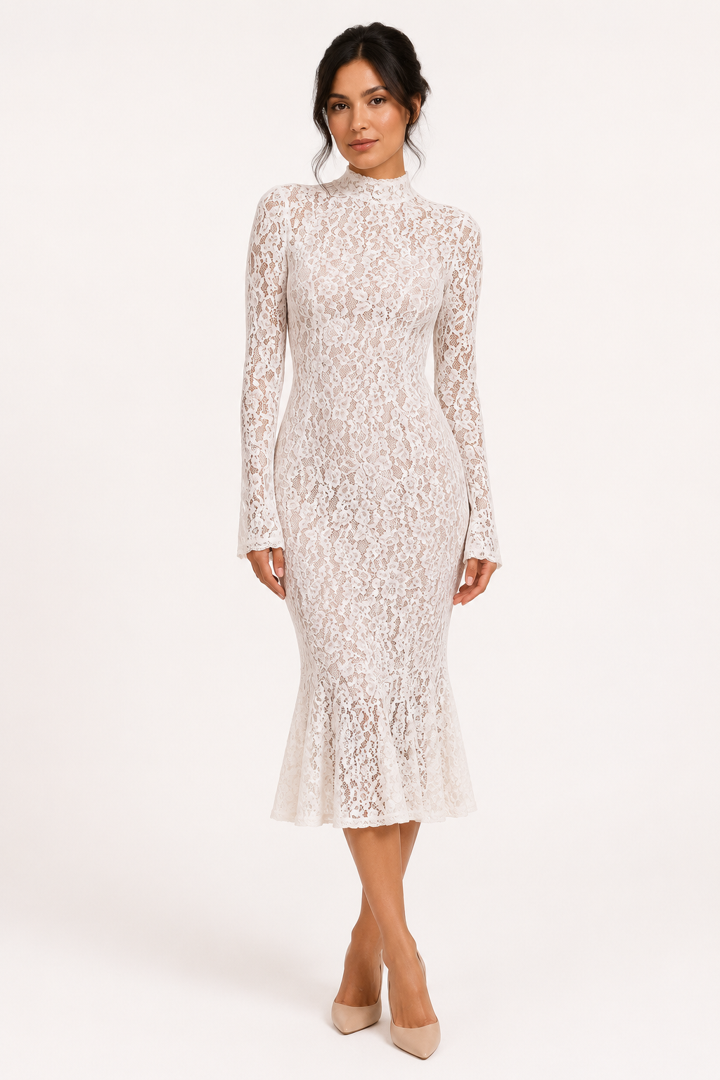 Elegantes Midi-Kleid aus Spitze für Damen mit hohem Kragen – Samara
