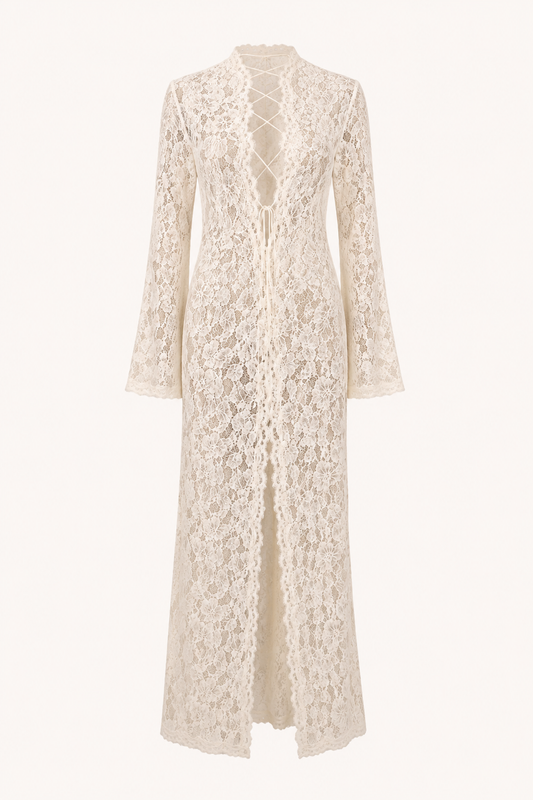 Robe longue en dentelle pour femme, décolleté croisé - Anneliese