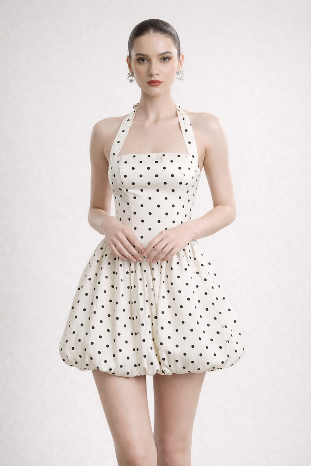 Robe courte pour femme avec encolure licou et jupe ballon - Doris