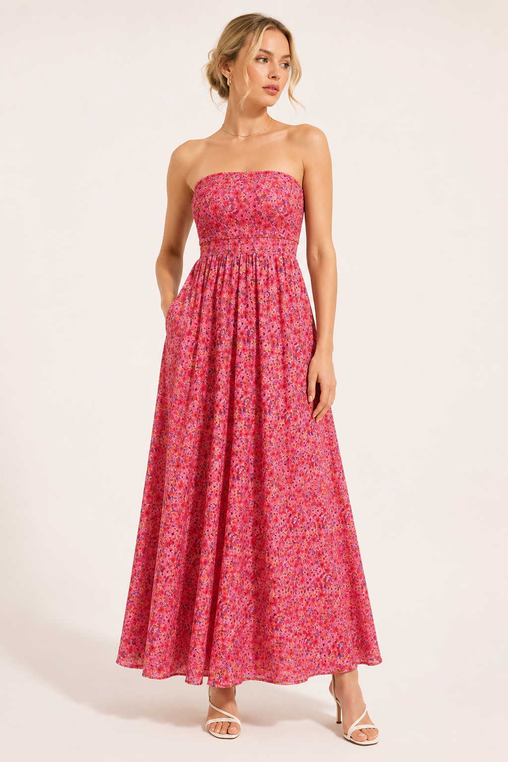 Vintage-Kleid für Damen ohne Träger mit Blumenmuster und weitem Rock – Elfriede