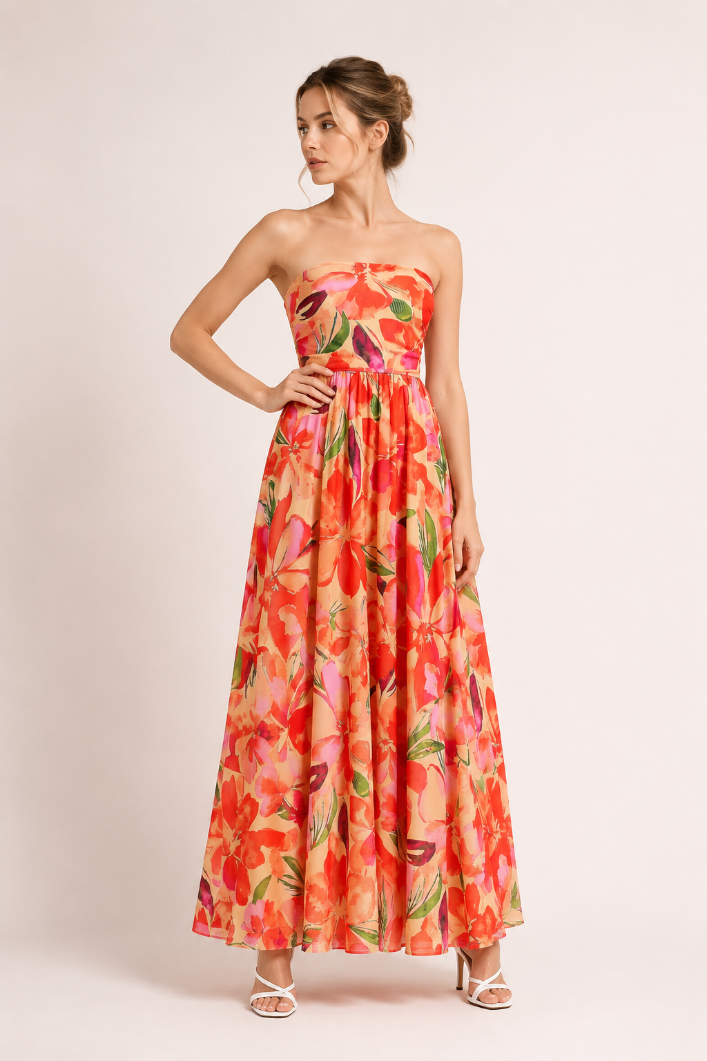 Vintage-Kleid für Damen ohne Träger mit Blumenmuster und weitem Rock – Elfriede