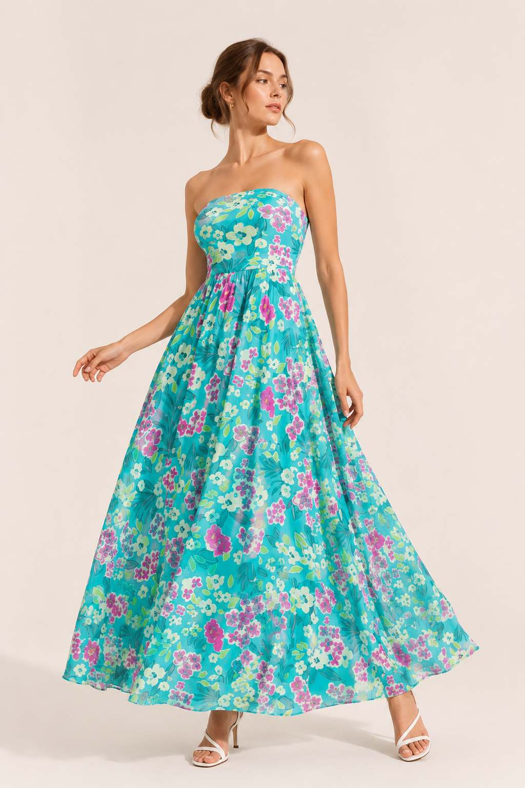 Vintage-Kleid für Damen ohne Träger mit Blumenmuster und weitem Rock – Elfriede