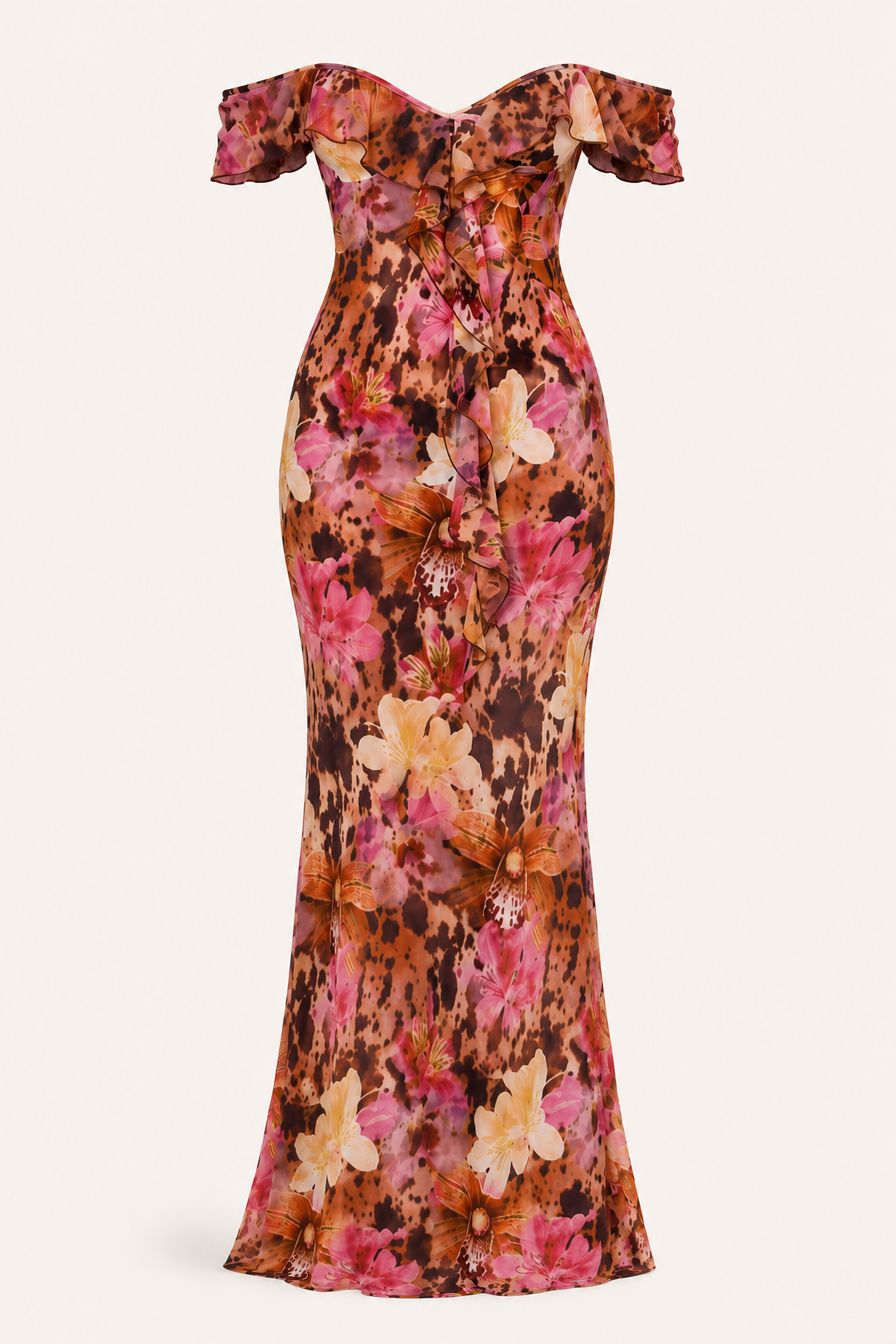 Langes, gemustertes Damenkleid mit freien Schultern – Käthe