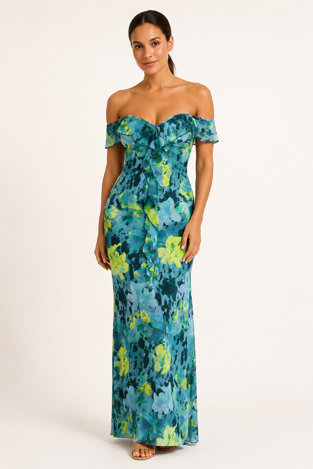 Langes, gemustertes Damenkleid mit freien Schultern – Käthe