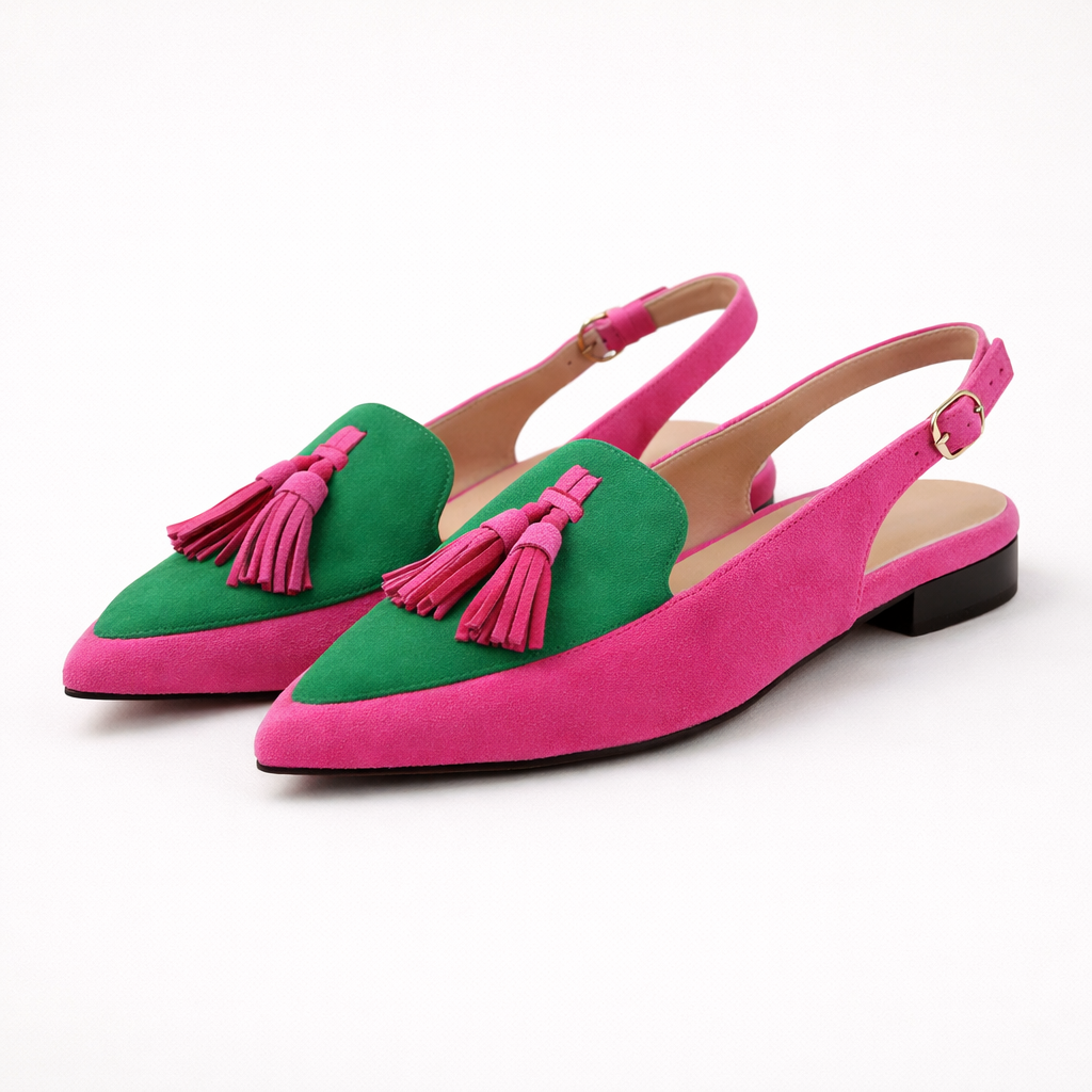 Flache Damenschuhe mit offenem Absatz und dekorativer Quaste - Amaya